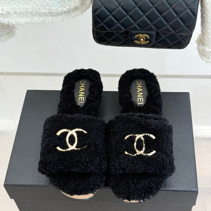 CHANEL 26S SLIDE SANDALS IN BLACK TEDDY FLEECE GOLD HARDWARE