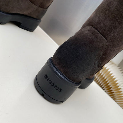 MIUMIU 26S MID CALF BOOT IN DARK BROWN  SUEDE AND SHEARLING