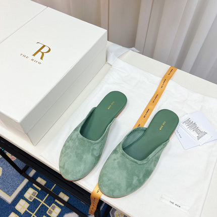 THE ROW 26S ROUND TOE MULES IN SAGE GREEN SUEDE