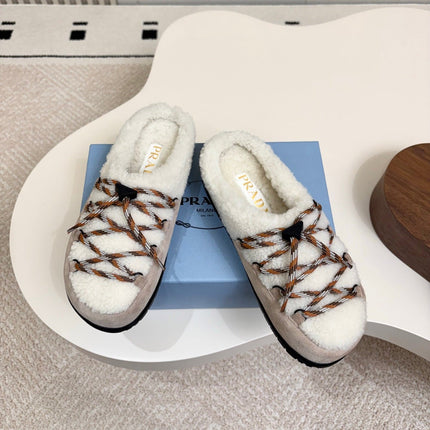 PRADA 26S LACE UP MULE SLIPPERS IN WHITE AND LIGHT BROWN SUEDE SHEARLING LINED