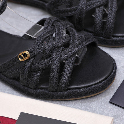 VALENTINO 26S FLAT ESPADRILLE SANDALS IN BLACK RAFFIA WITH BRAIDED STRAPS