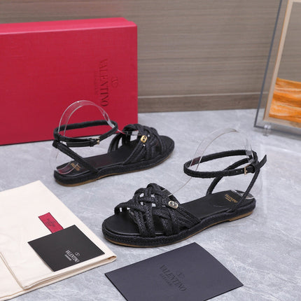 VALENTINO 26S FLAT ESPADRILLE SANDALS IN BLACK RAFFIA WITH BRAIDED STRAPS