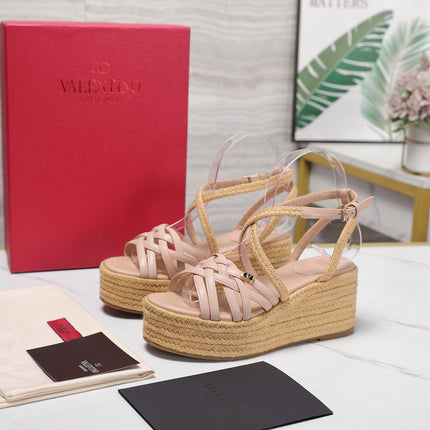 VALENTINO 26S WEDGE SANDALS 60MM IN LIGHT PINK CALFSKIN WITH BRAIDED STRAPS