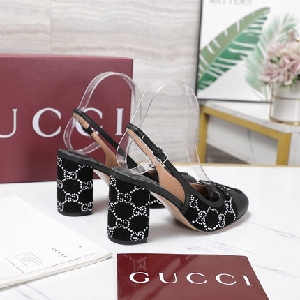 GUCCI 26S HEEL SLINGBACK PUMP 80 MM IN BLACK CALFSKIN AND SUEDE