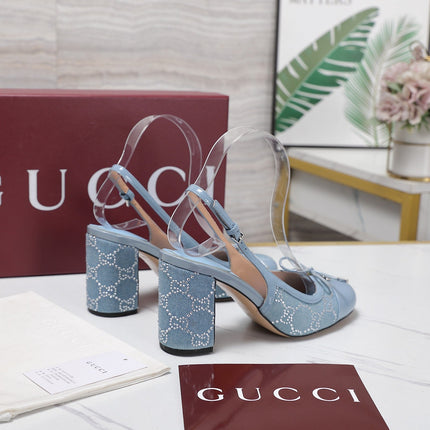 GUCCI 26S HEEL SLINGBACK PUMP 80 MM IN LIGHT BLUE CALFSKIN AND CANVAS