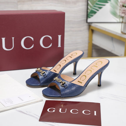 GUCCI 26S HORSEBIT SANDALS 75 MM IN NAVY BLUE GG EMBOSSED LEATHER