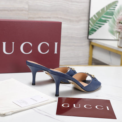 GUCCI 26S HORSEBIT SANDALS 75 MM IN NAVY BLUE GG EMBOSSED LEATHER