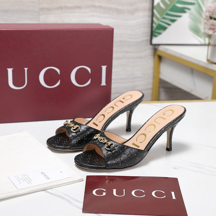 GUCCI 26S HORSEBIT SANDALS 75 MM IN BLACK GG EMBOSSED LEATHER