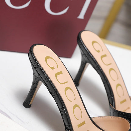 GUCCI 26S HORSEBIT SANDALS 75 MM IN BLACK GG EMBOSSED LEATHER
