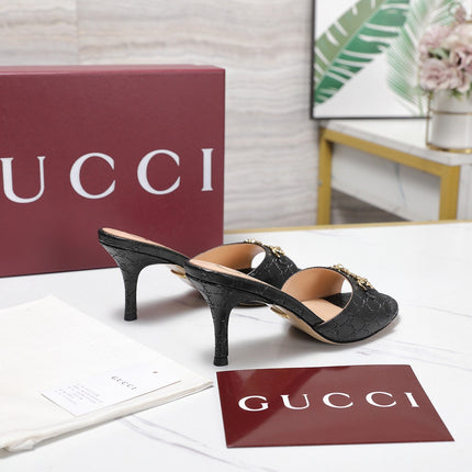 GUCCI 26S HORSEBIT SANDALS 75 MM IN BLACK GG EMBOSSED LEATHER