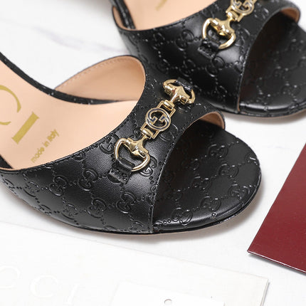 GUCCI 26S HORSEBIT SANDALS 75 MM IN BLACK GG EMBOSSED LEATHER