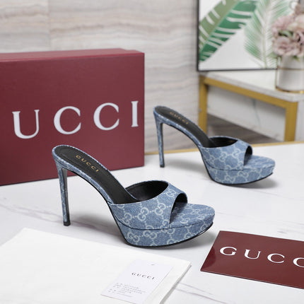 GUCCI 26S HEELED SANDALS 105 MM IN BLUE DENIM
