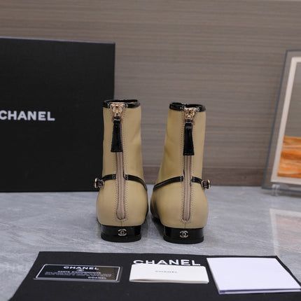 CHANEL 26S ANKLE BOOTS IN BEIGE CALFSKIN WITH BLACK PATENT LEATHER TRIM AND CC LOGO ON TOE CAP