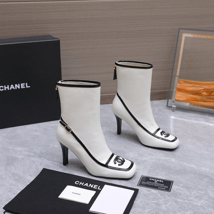 CHANEL 26S ANKLE BOOTS 80 MM IN WHITE CALFSKIN WITH BLACK PATENT LEATHER TRIM AND CC LOGO ON TOE CAP