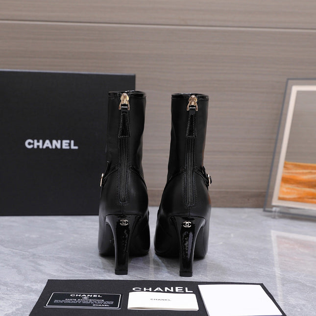 CHANEL 26S ANKLE BOOTS 80 MM IN BLACK CALFSKIN WITH PATENT LEATHER TRIM AND CC LOGO ON TOE CAP