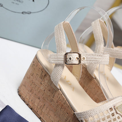 PRADA 26S WEDGE SANDALS IN CREAM WHITE CROCHET AND LEATHER