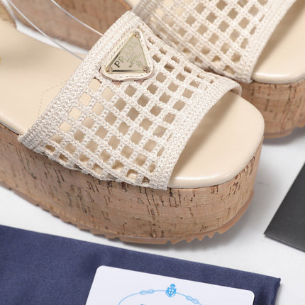 PRADA 26S WEDGE SANDALS IN CREAM WHITE CROCHET AND LEATHER