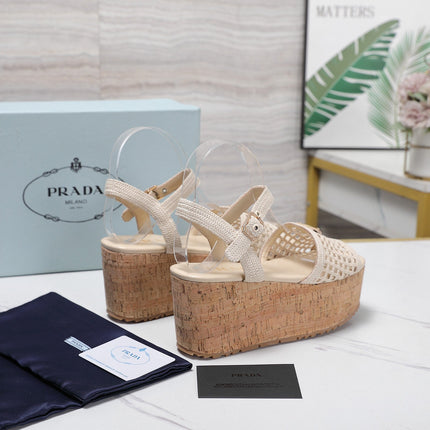 PRADA 26S WEDGE SANDALS IN CREAM WHITE CROCHET AND LEATHER