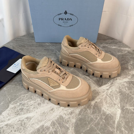 PRADA 26S GEAR SOLE SNEAKERS IN BEIGE SUEDE AND MESH