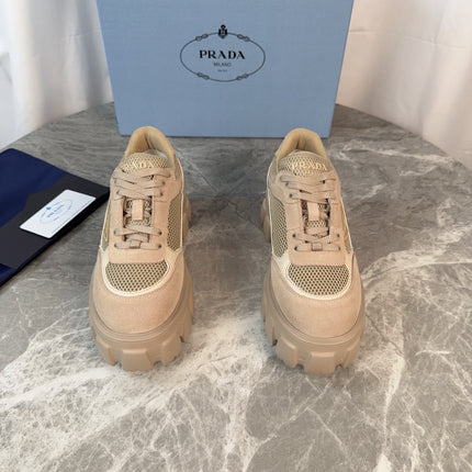 PRADA 26S GEAR SOLE SNEAKERS IN BEIGE SUEDE AND MESH