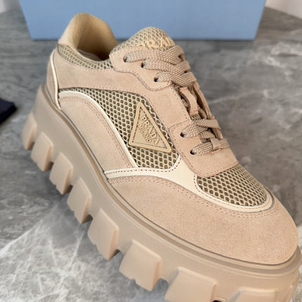 PRADA 26S GEAR SOLE SNEAKERS IN BEIGE SUEDE AND MESH