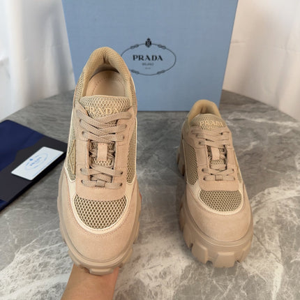 PRADA 26S GEAR SOLE SNEAKERS IN BEIGE SUEDE AND MESH