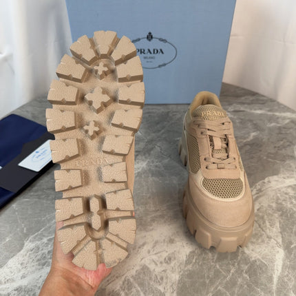 PRADA 26S GEAR SOLE SNEAKERS IN BEIGE SUEDE AND MESH