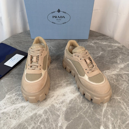 PRADA 26S GEAR SOLE SNEAKERS IN BEIGE SUEDE AND MESH