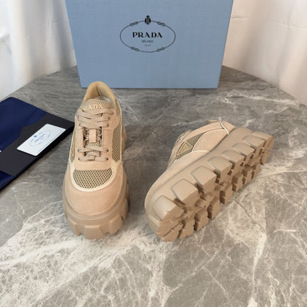 PRADA 26S GEAR SOLE SNEAKERS IN BEIGE SUEDE AND MESH