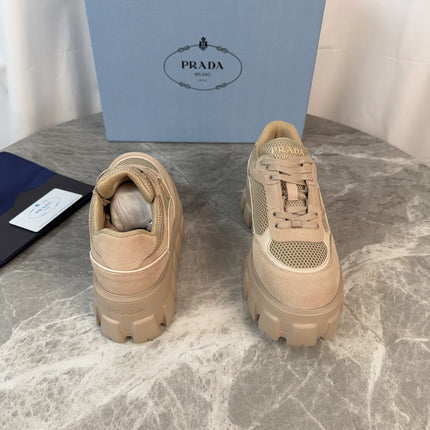 PRADA 26S GEAR SOLE SNEAKERS IN BEIGE SUEDE AND MESH