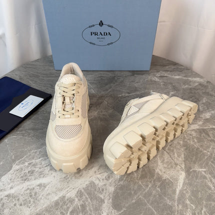 PRADA 26S GEAR SOLE SNEAKERS IN LIGHT BEIGE SUEDE AND MESH