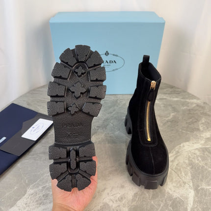 PRADA 26S ZIP-UP ANKLE BOOTS IN BLACK SUEDE