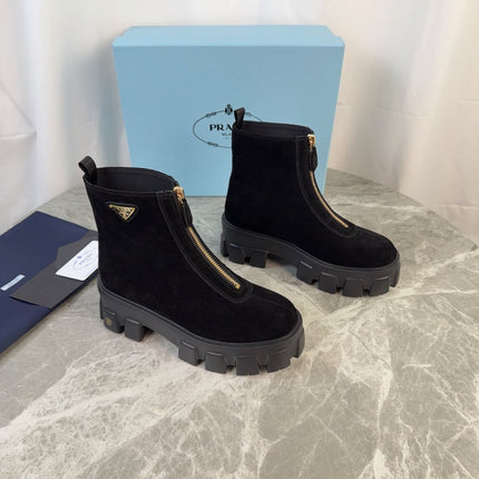 PRADA 26S ZIP-UP ANKLE BOOTS IN BLACK SUEDE