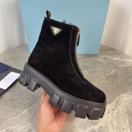PRADA 26S ZIP-UP ANKLE BOOTS IN BLACK SUEDE