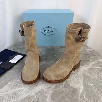 PRADA 26S ANKLE BIKER BOOTS IN BEIGE SUEDE