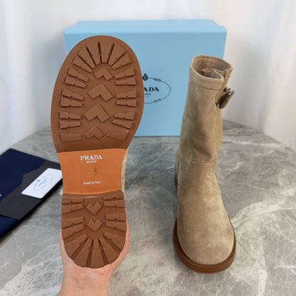 PRADA 26S ANKLE BIKER BOOTS IN BEIGE SUEDE