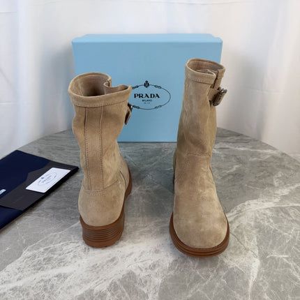 PRADA 26S ANKLE BIKER BOOTS IN BEIGE SUEDE