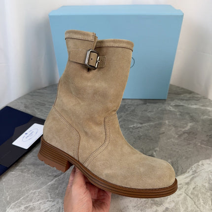 PRADA 26S ANKLE BIKER BOOTS IN BEIGE SUEDE