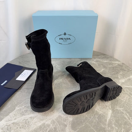 PRADA 26S ANKLE BIKER BOOTS IN BLACK SUEDE