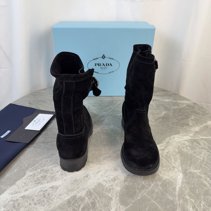 PRADA 26S ANKLE BIKER BOOTS IN BLACK SUEDE