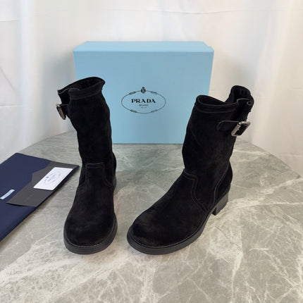 PRADA 26S ANKLE BIKER BOOTS IN BLACK SUEDE