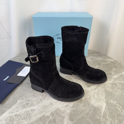 PRADA 26S ANKLE BIKER BOOTS IN BLACK SUEDE