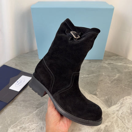 PRADA 26S ANKLE BIKER BOOTS IN BLACK SUEDE
