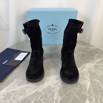 PRADA 26S ANKLE BIKER BOOTS IN BLACK SUEDE