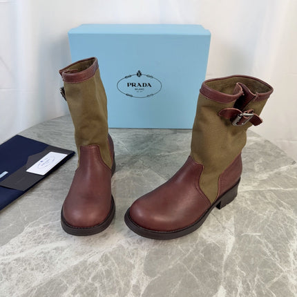 PRADA 26S BOOTS IN KHAKI CANVAS AND REDDISH BROWN CALFSKIN