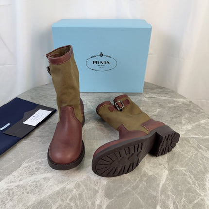 PRADA 26S BOOTS IN KHAKI CANVAS AND REDDISH BROWN CALFSKIN