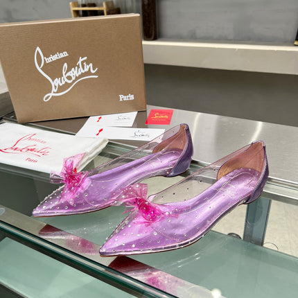 CHRISTIAN LOUBOUTIN 26S BOW EMBELLISHED FLATS IN PURPLE LEATHER AND PVC