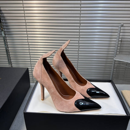 ALAIA HIGH PUMPS 10CM IN ALMOND BEIGE SUEDE MIX BLACK CALFSKIN