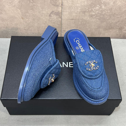 CHANEL 26S MULE LOAFERS IN BLUE DENIM WITH QUILTED FLAP & CHAIN CC LOGO