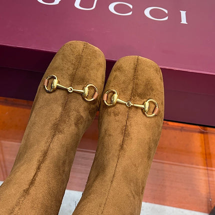 GUCCI 26S HORSEBIT KNEE-HIGH BOOTS 55 MM IN BROWN SUEDE